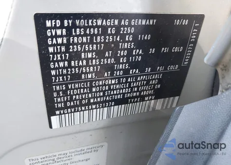 2009 Volkswagen Tiguan Se/Sel из США, поврежденный, VIN WVGBV75NX9W521370